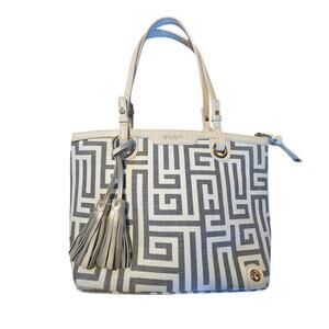 Spartina 449 De Renne Island Tote Bag Geometric Taupe Cream EUC Linen Leather